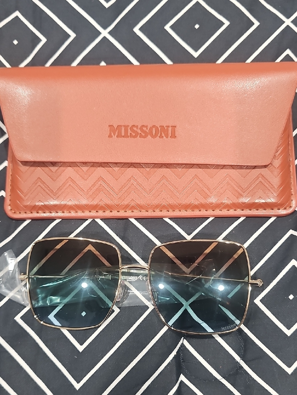 Missoni Gold-Frame Sunglasses with Blue Gradient Lenses and Brown Case